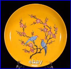 Chinese Yellow glaze Porcelain Hand-Paintde Exquisite Flowers&Birds Plates 16797