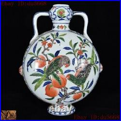 Chinese dynasty Wucai porcelain peach flower bird statue Zun Bottle Pot Vase Jar