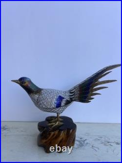Cloisonné Multicolored Blue Brass Pheasant Bird Figurine on Wooden Base 11l