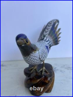 Cloisonné Multicolored Blue Brass Pheasant Bird Figurine on Wooden Base 11l
