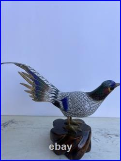 Cloisonné Multicolored Blue Brass Pheasant Bird Figurine on Wooden Base 11l