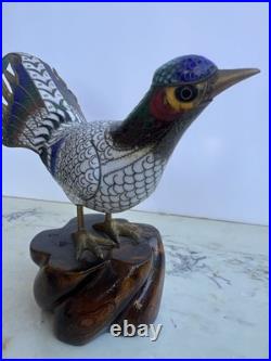 Cloisonné Multicolored Blue Brass Pheasant Bird Figurine on Wooden Base 11l