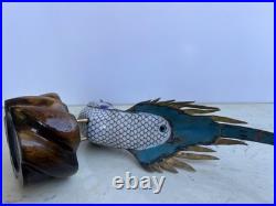 Cloisonné Multicolored Blue Brass Pheasant Bird Figurine on Wooden Base 11l