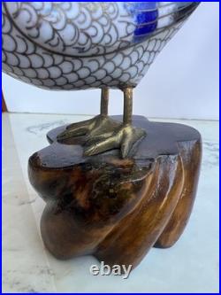 Cloisonné Multicolored Blue Brass Pheasant Bird Figurine on Wooden Base 11l