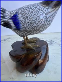 Cloisonné Multicolored Blue Brass Pheasant Bird Figurine on Wooden Base 11l