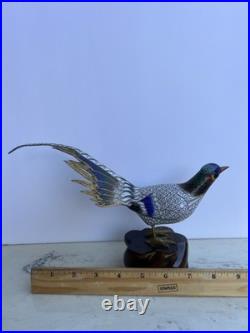 Cloisonné Multicolored Blue Brass Pheasant Bird Figurine on Wooden Base 11l