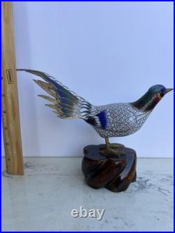 Cloisonné Multicolored Blue Brass Pheasant Bird Figurine on Wooden Base 11l