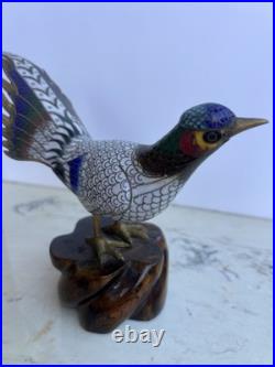 Cloisonné Multicolored Blue Brass Pheasant Bird Figurine on Wooden Base 11l