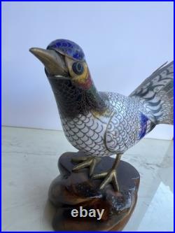 Cloisonné Multicolored Blue Brass Pheasant Bird Figurine on Wooden Base 11l