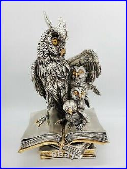 Cold Porcelain Covered In Sterling Silver Owl Family On Books statue/figurine