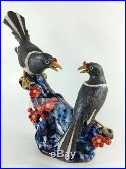 Collect Chinese Color Porcelain Look very happy Flower Bird Tree Ornament Statue