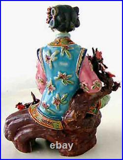 Collect Chinese pottery Wucai Porcelain Dynasty Belle Flower Happy Lady Statue