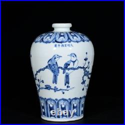 Collectable Art Chinese Hand Painting Blue&white Porcelain Bird Mei Vase