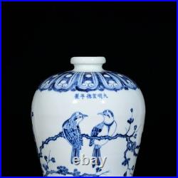 Collectable Art Chinese Hand Painting Blue&white Porcelain Bird Mei Vase