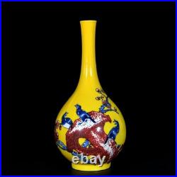 Collectable Art Chinese Hand Painting Yellow Glazed Porcelain Bird Vase