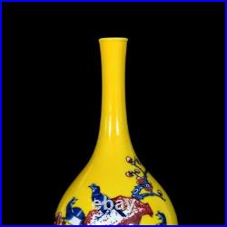 Collectable Art Chinese Hand Painting Yellow Glazed Porcelain Bird Vase