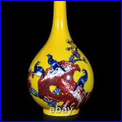 Collectable Art Chinese Hand Painting Yellow Glazed Porcelain Bird Vase