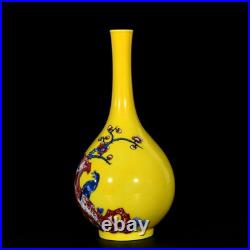 Collectable Art Chinese Hand Painting Yellow Glazed Porcelain Bird Vase