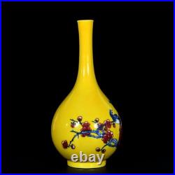 Collectable Art Chinese Hand Painting Yellow Glazed Porcelain Bird Vase