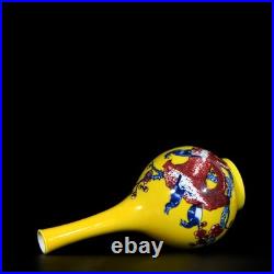 Collectable Art Chinese Hand Painting Yellow Glazed Porcelain Bird Vase