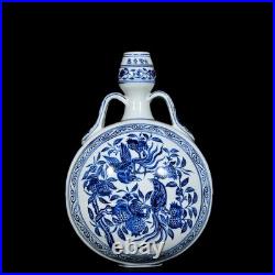 Collectable Art Handmade Painting Blue White Porcelain Bird Flat Vase