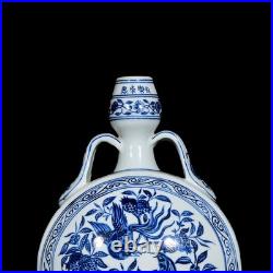 Collectable Art Handmade Painting Blue White Porcelain Bird Flat Vase