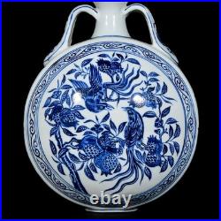 Collectable Art Handmade Painting Blue White Porcelain Bird Flat Vase