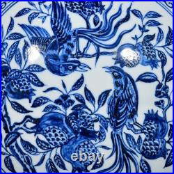 Collectable Art Handmade Painting Blue White Porcelain Bird Flat Vase