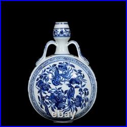 Collectable Art Handmade Painting Blue White Porcelain Bird Flat Vase