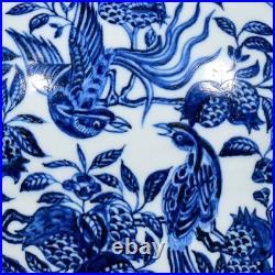 Collectable Art Handmade Painting Blue White Porcelain Bird Flat Vase