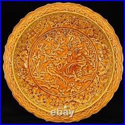 Collectable Art Handmade Painting Yellow Glaze Porcelain Bird Plate