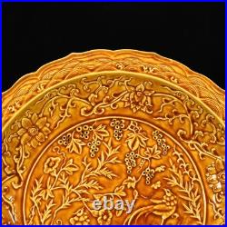 Collectable Art Handmade Painting Yellow Glaze Porcelain Bird Plate
