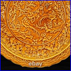Collectable Art Handmade Painting Yellow Glaze Porcelain Bird Plate