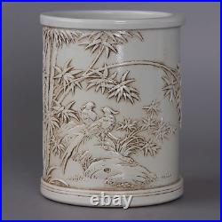 Collectable Art Handmade White Glaze Porcelain Bird Brush Pot