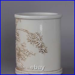 Collectable Art Handmade White Glaze Porcelain Bird Brush Pot