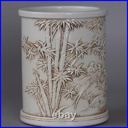 Collectable Art Handmade White Glaze Porcelain Bird Brush Pot