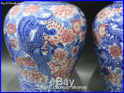 Color Porcelain Dragon Loong Phoenix Bird Flower Vase Bottle Jug Flask Tank Pair