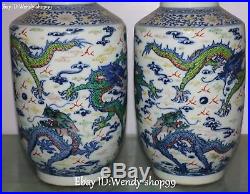 Color Porcelain Loong Dragons Cranes Bird Vase Bottle Jug Flask Pitcher Pair