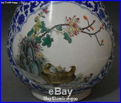 Color Porcelain Magpie Bird Tree Peony Flower Vase Bottle Jug Jardiniere Statue
