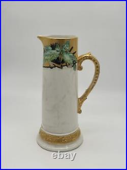 D&Co France Hand-Painted Porcelain Pitcher with Green Birds and Gold Accents