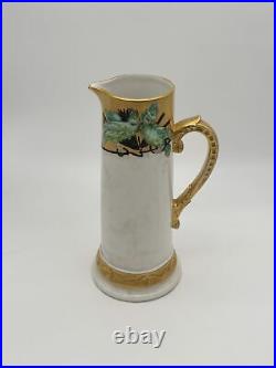 D&Co France Hand-Painted Porcelain Pitcher with Green Birds and Gold Accents