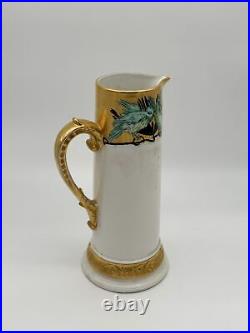 D&Co France Hand-Painted Porcelain Pitcher with Green Birds and Gold Accents