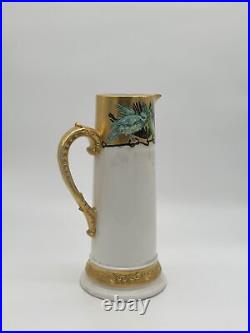 D&Co France Hand-Painted Porcelain Pitcher with Green Birds and Gold Accents