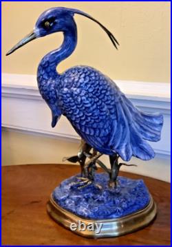 Danny's Fine Porcelain Blue/White EGRET Figurine with Bronze Ormolu, 12, Mint