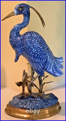 Danny's Fine Porcelain Blue/White EGRET Figurine with Bronze Ormolu, 12, Mint