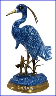Danny's Fine Porcelain Blue/White EGRET Figurine with Bronze Ormolu, 12, Mint