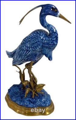Danny's Fine Porcelain Blue/White EGRET Figurine with Bronze Ormolu, 12, Mint