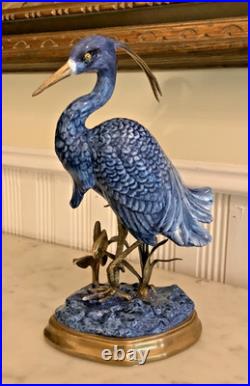Danny's Fine Porcelain Blue/White EGRET Figurine with Bronze Ormolu, 12, Mint