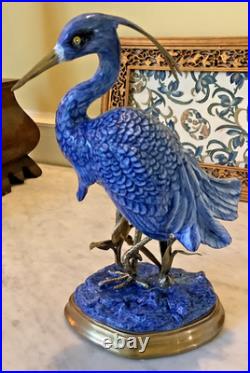Danny's Fine Porcelain Blue/White EGRET Figurine with Bronze Ormolu, 12, Mint
