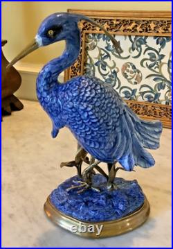 Danny's Fine Porcelain Blue/White EGRET Figurine with Bronze Ormolu, 12, Mint